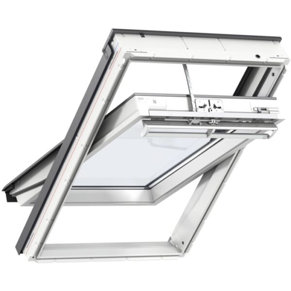 Finestra per tetto elettrica VELUX INTEGRA, poliuretano, THERMO Alu, aperta. Finestra automatica per un clima interno sano.