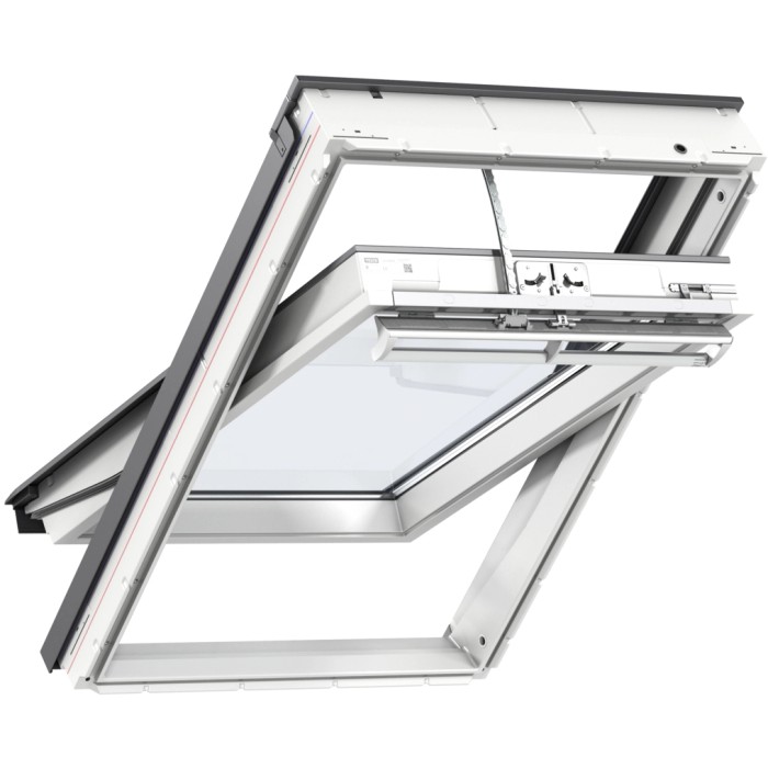 Finestra per tetto elettrica VELUX INTEGRA, poliuretano, THERMO Alu, aperta. Finestra automatica per un clima interno sano.