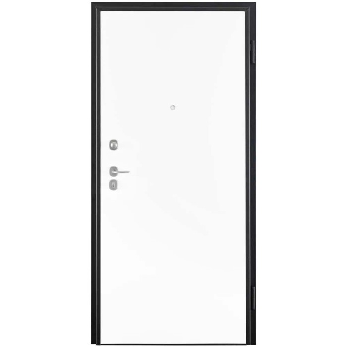 Porta blindata bianca con telaio nero e maniglia argentata.