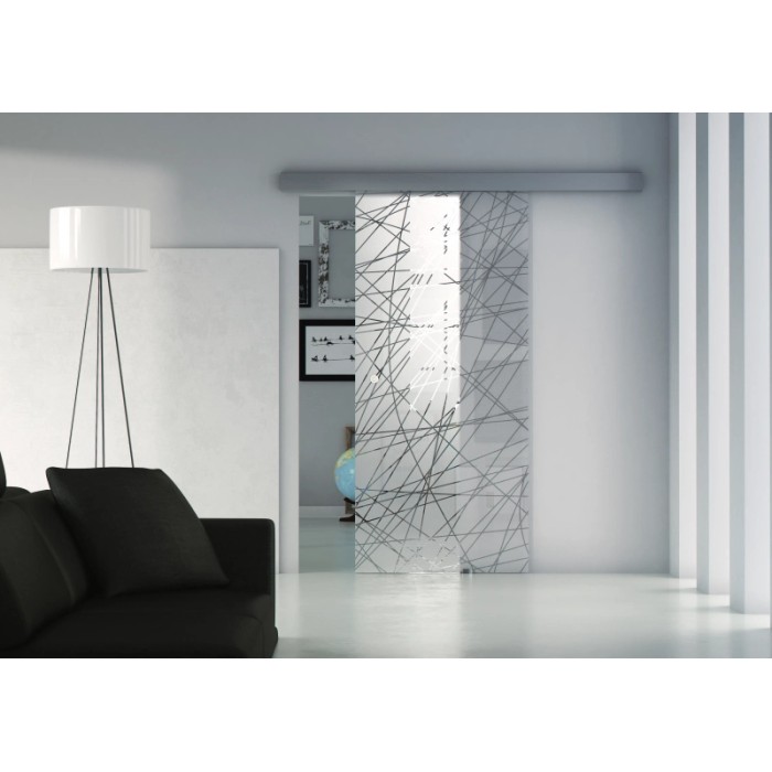 t.b.t. Porta scorrevole in vetro con moderno motivo a linee per una divisione elegante degli spazi.
