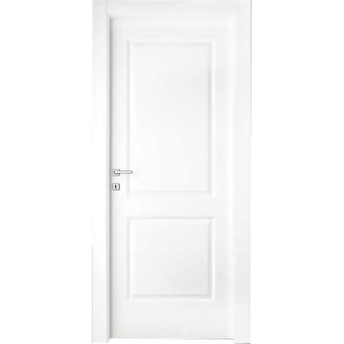 Porta interna bianca con due pannelli e maniglia argento.