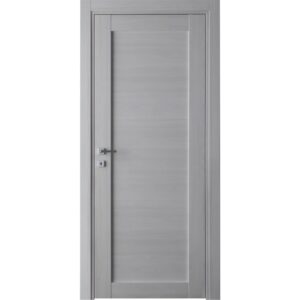 Porta interna grigia con design semplice e maniglia argentata.