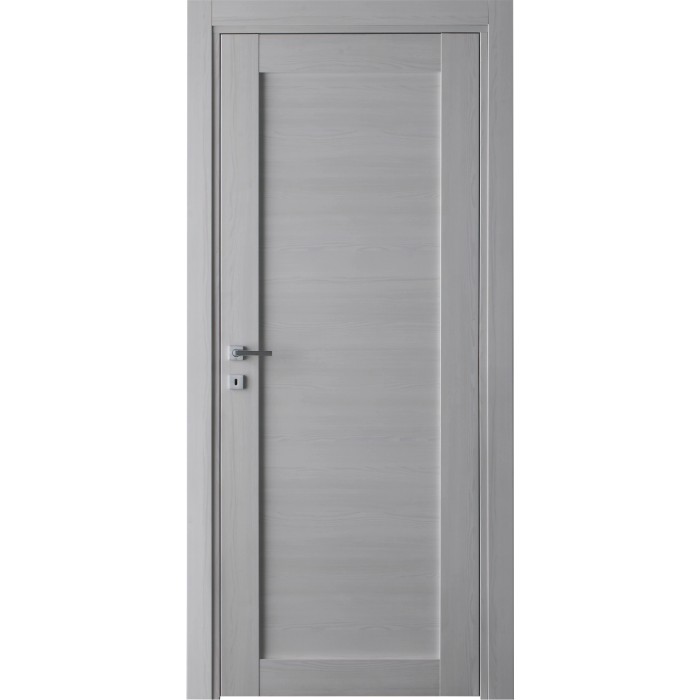 Porta interna grigia con design semplice e maniglia argentata.