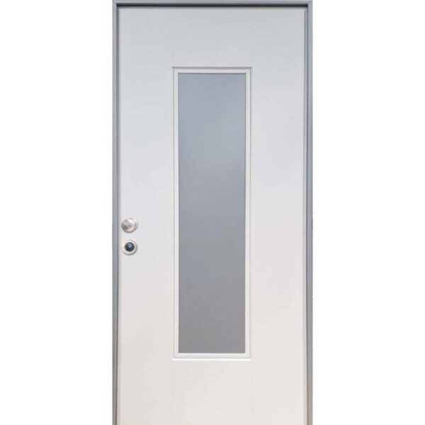 Porta blindata bianca con inserto in vetro, adatta per il negozio online OBI.