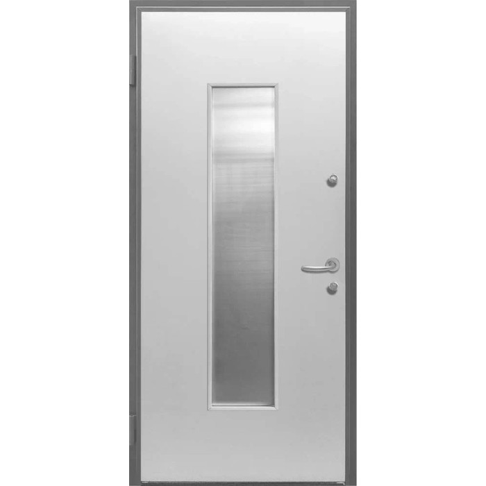 Porta blindata bianca t.b.t. con inserto in vetro stretto e allungato e maniglia color argento.