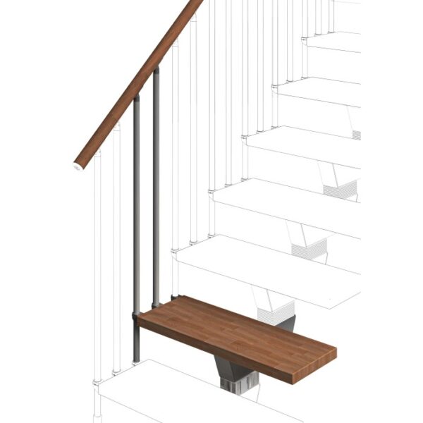 Dettaglio di una ringhiera per scale con corrimano e gradino in legno.