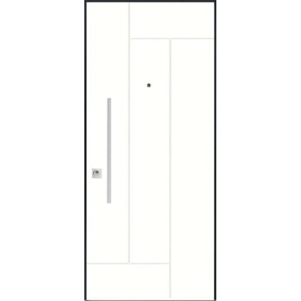 Porta blindata bianca con telaio nero e design moderno.