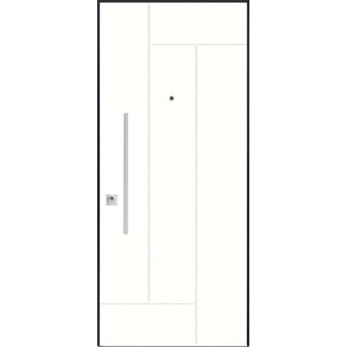 Porta blindata bianca con telaio nero e design moderno.