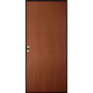 Porta blindata marrone (t.b.t.) con spioncino e maniglia dorata.