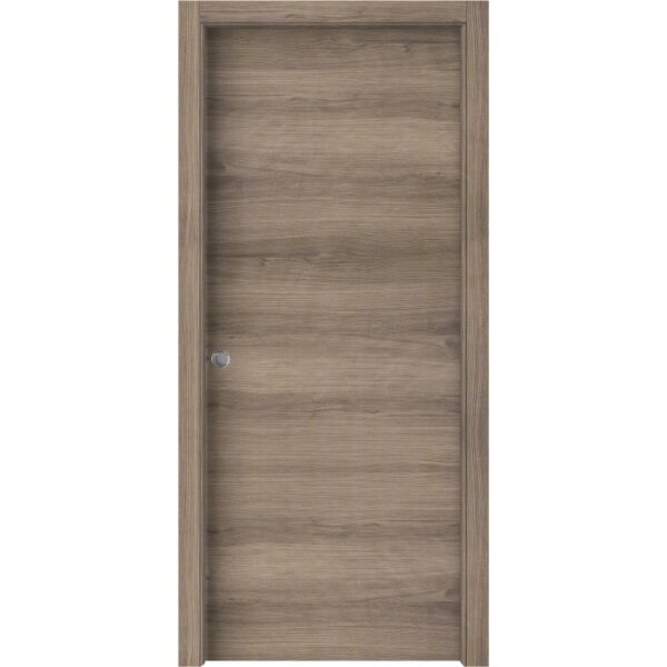 Porta interna color legno con superficie liscia e maniglia color argento.