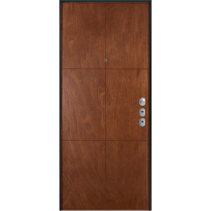 Porta blindata marrone effetto legno con maniglia argentata.