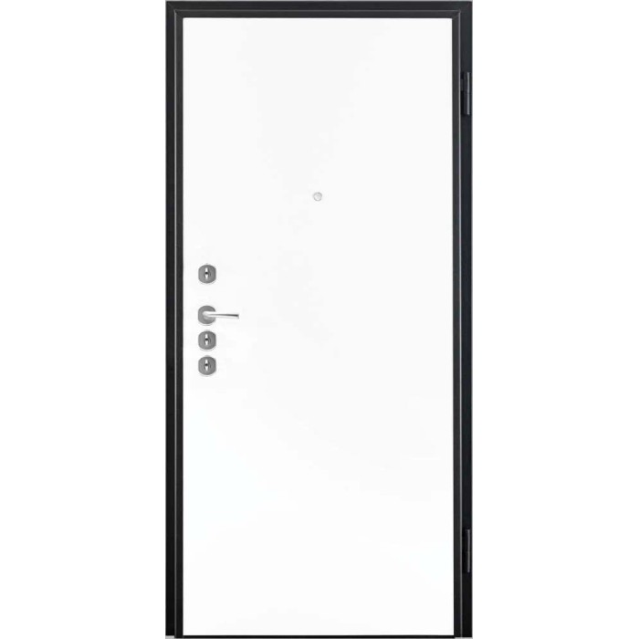 Porta blindata bianca con telaio nero, ferramenta e spioncino.