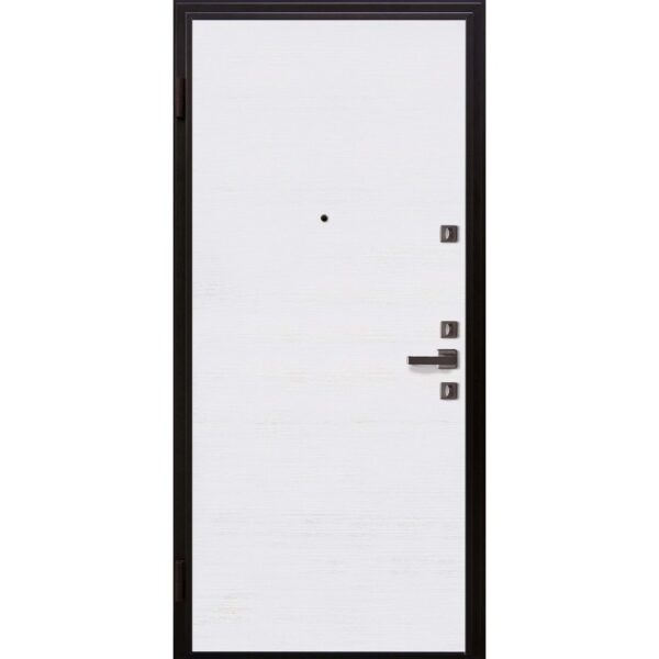 Porta blindata t.b.t. bianca con telaio e maniglia scuri.