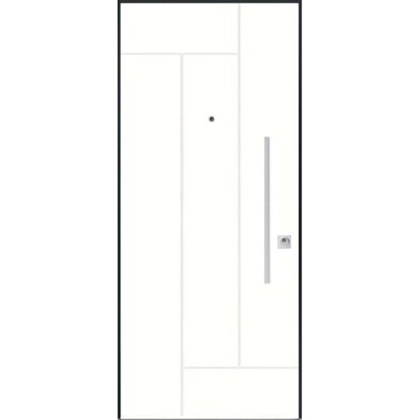 Porta blindata bianca con design lineare e telaio nero.
