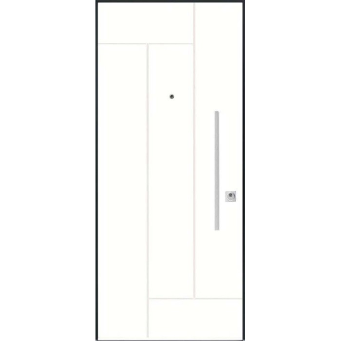 Porta blindata bianca con design lineare e telaio nero.