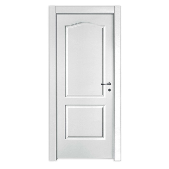 Porta interna bianca con due pannelli e inserto superiore arrotondato.