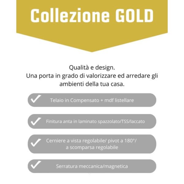 Dettagli porta interna: Telaio, finitura, cerniere e serratura in evidenza.