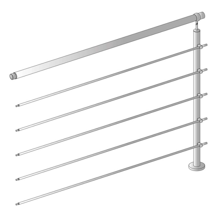 Ringhiera argentata con montanti orizzontali, accessori per scale e ringhiere.