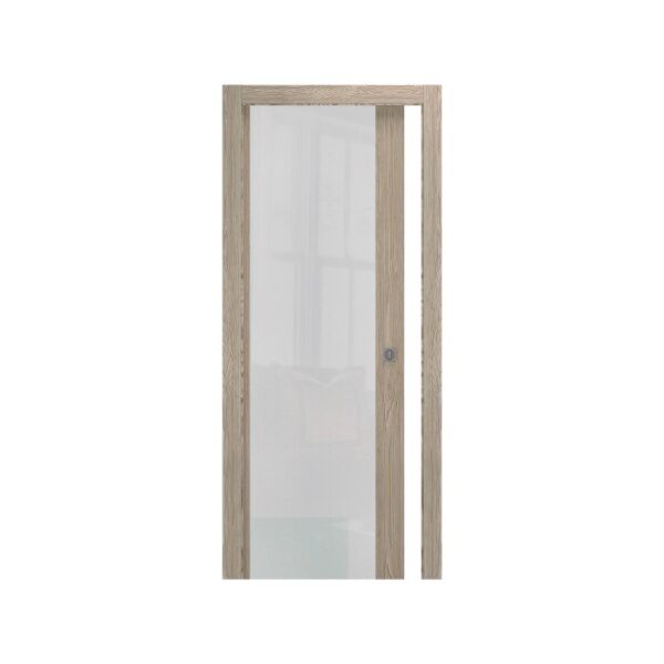 Porta per interni t.b.t. con telaio in legno chiaro e vetro satinato.