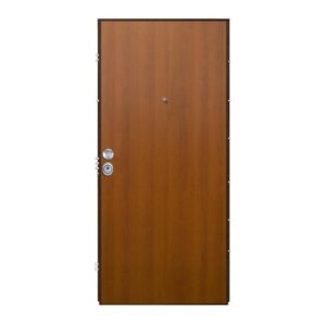 Porta blindata marrone (t.b.t.) con spioncino e maniglia argentata.