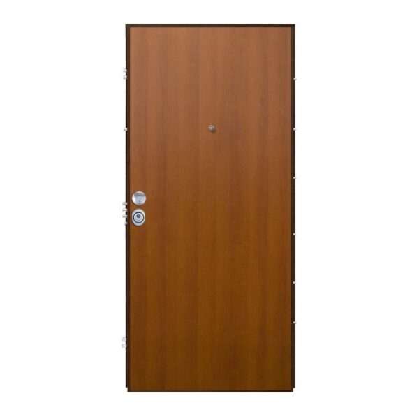 Porta blindata marrone (t.b.t.) con spioncino e maniglia argentata.