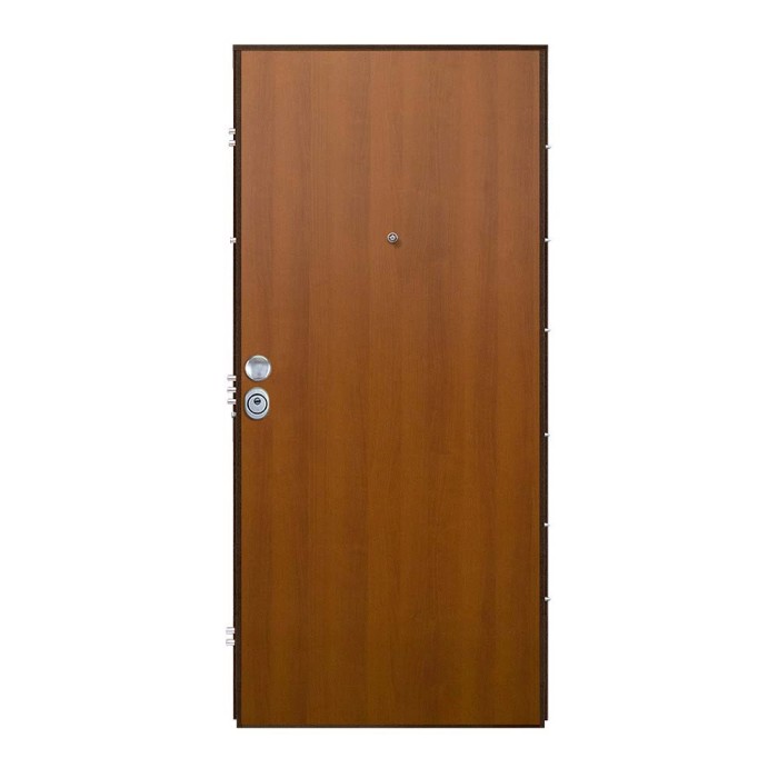 Porta blindata marrone (t.b.t.) con spioncino e maniglia argentata.