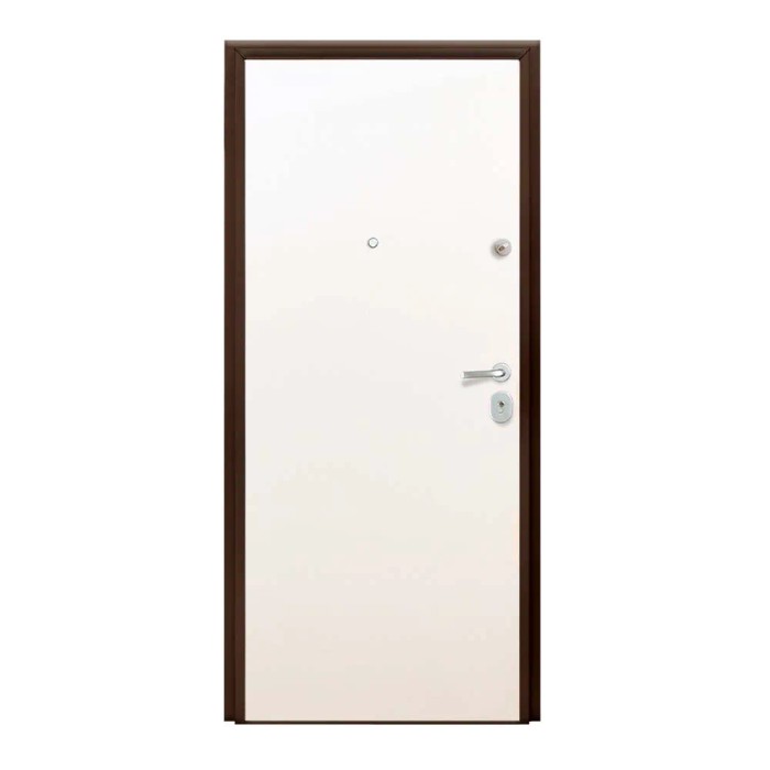 Porta blindata bianca con telaio marrone, spioncino e maniglia.
