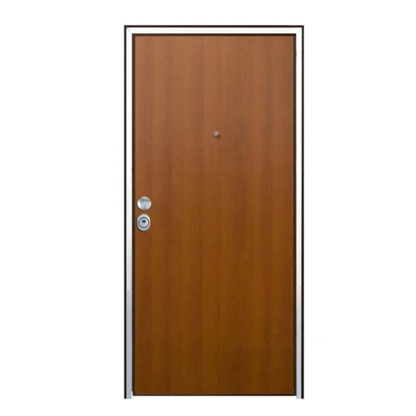 Porta blindata t.b.t. effetto legno con spioncino e telaio argento.