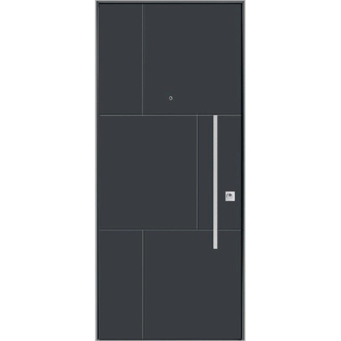 Porta blindata moderna antracite (t.b.t.) con maniglia argentata e design geometrico.