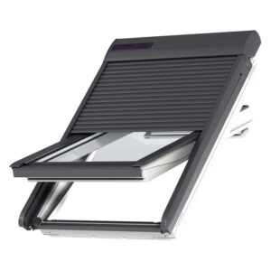 Tapparella solare Velux SSL CK02, grigio scuro, parzialmente aperta sulla finestra per tetti.