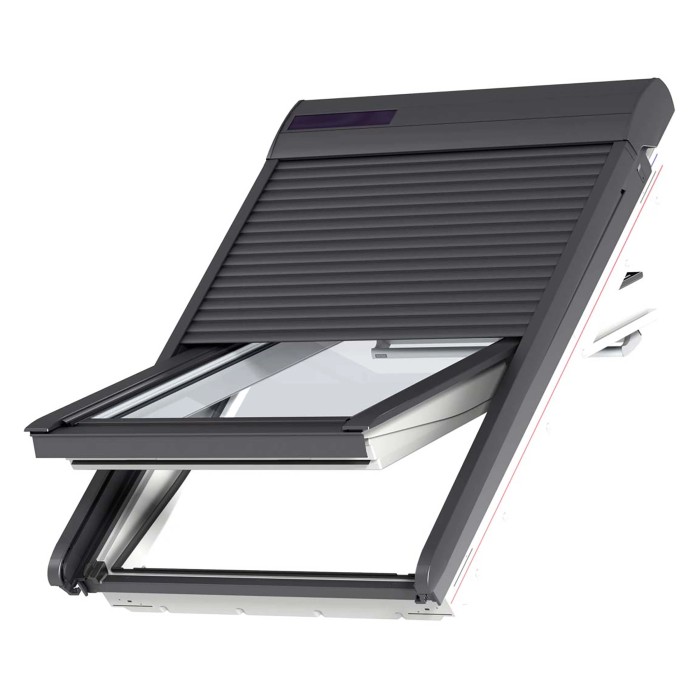 Tapparella solare Velux SSL CK02, grigio scuro, parzialmente aperta sulla finestra per tetti.
