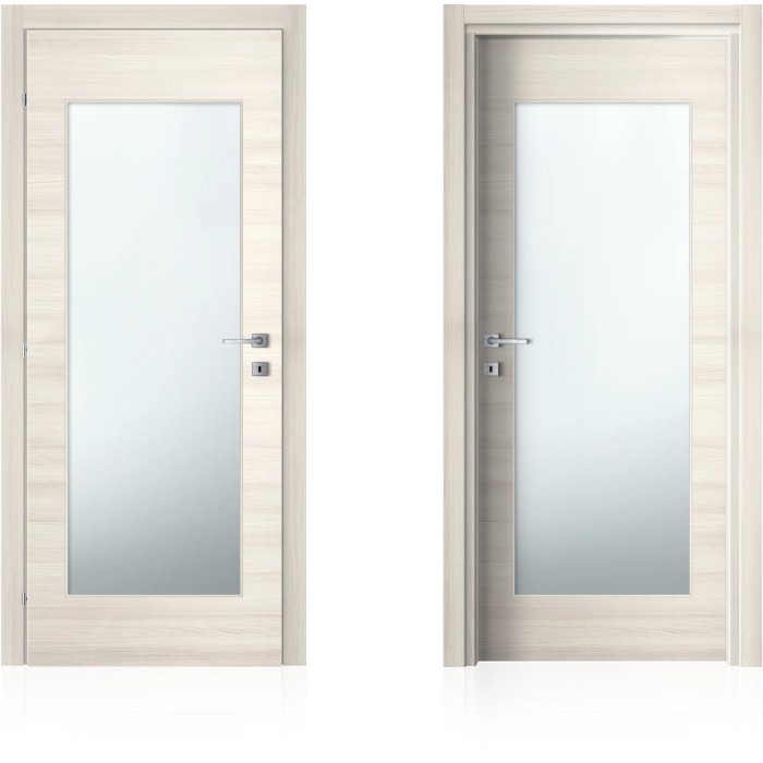 Due porte interne chiare con inserti in vetro rettangolari e maniglie argentate.