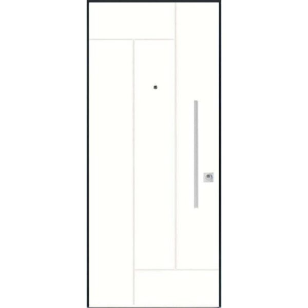 Porta blindata t.b.t. bianca con design lineare e maniglia argentata.