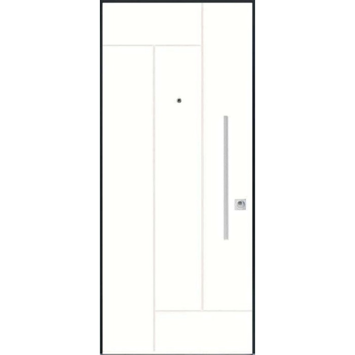 Porta blindata t.b.t. bianca con design lineare e maniglia argentata.