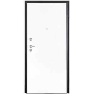 Porta blindata bianca con telaio nero e maniglia argentata.