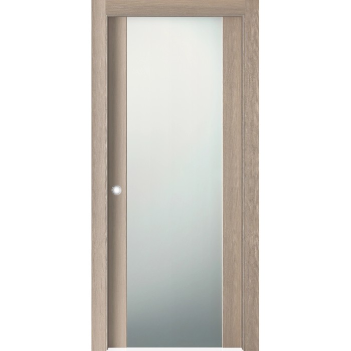 Porta interna t.b.t. con vetro satinato e telaio in legno chiaro.