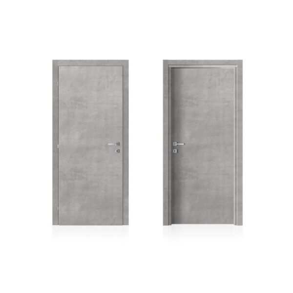 Due porte interne grigie con set di maniglie su sfondo bianco.
