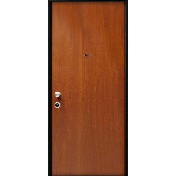 Porta blindata t.b.t. marrone con telaio nero, maniglia e spioncino.