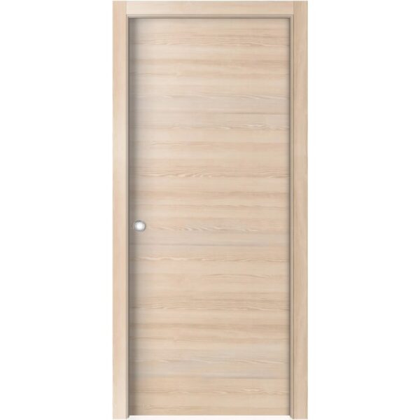 Porta interna chiara con finitura effetto legno e maniglia argentata.