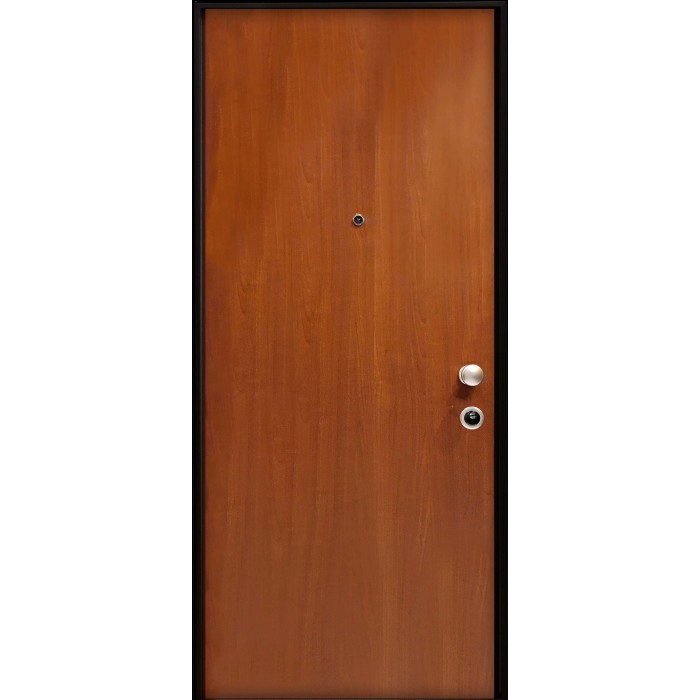 Porta blindata t.b.t. effetto legno con spioncino e maniglia.