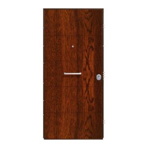 Porta blindata t.b.t. effetto legno con maniglia e spioncino.