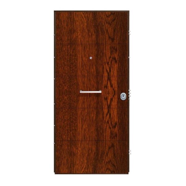 Porta blindata t.b.t. effetto legno con maniglia e spioncino.