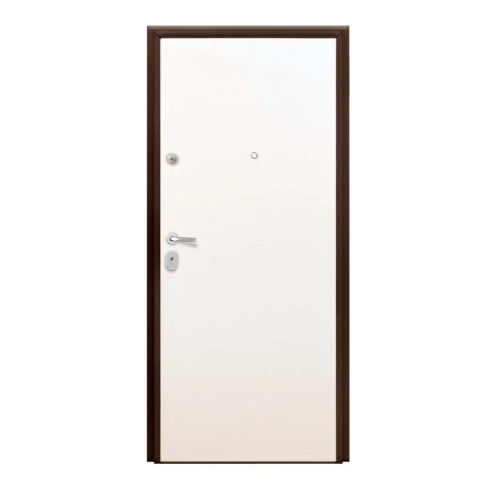 Porta blindata bianca con telaio marrone, spioncino e maniglia.
