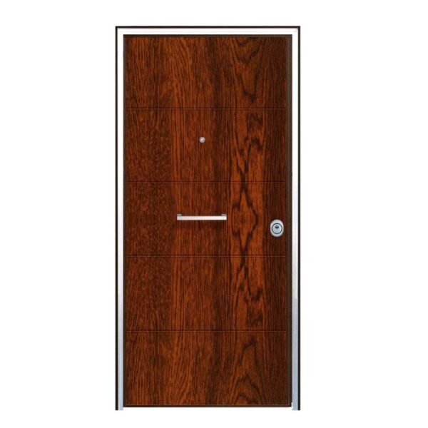 Porta blindata t.b.t. con effetto legno e telaio argentato.
