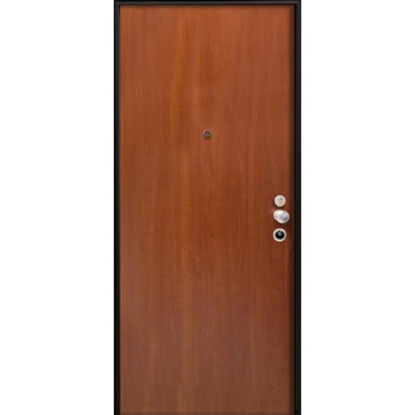 Porta blindata t.b.t. marrone con telaio nero e spioncino.