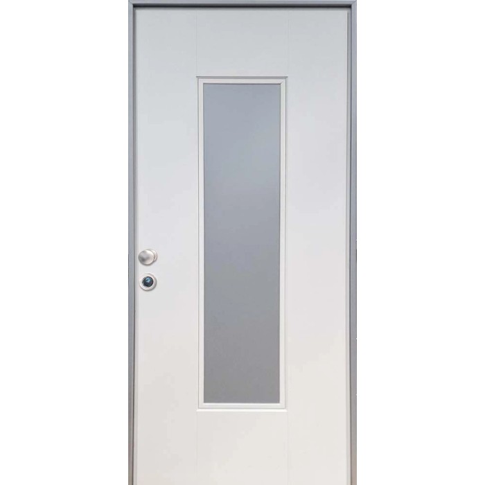 Porta blindata bianca con inserto in vetro, adatta per il negozio online OBI.