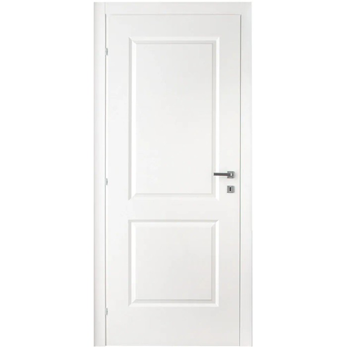 Porta interna bianca con due pannelli e maniglia argentata.