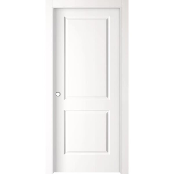 Porta interna bianca con due pannelli e maniglia argentata.