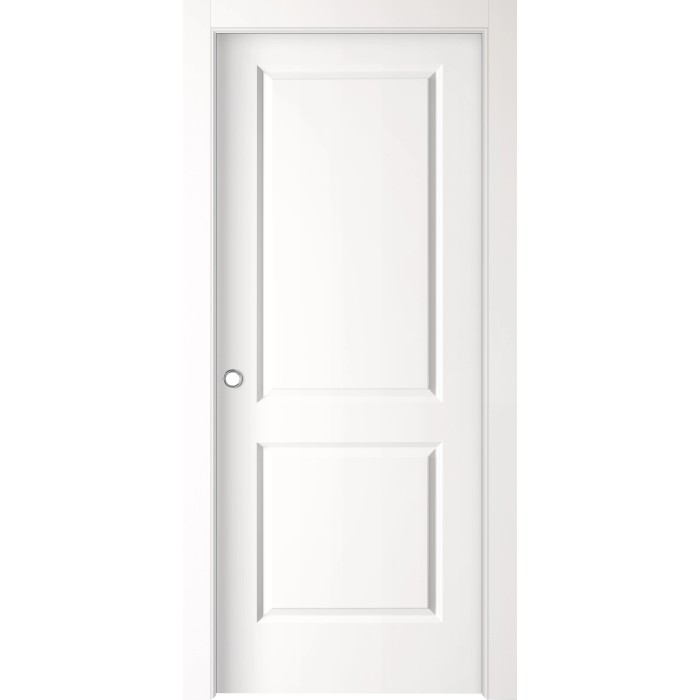 Porta interna bianca con due pannelli e maniglia argentata.