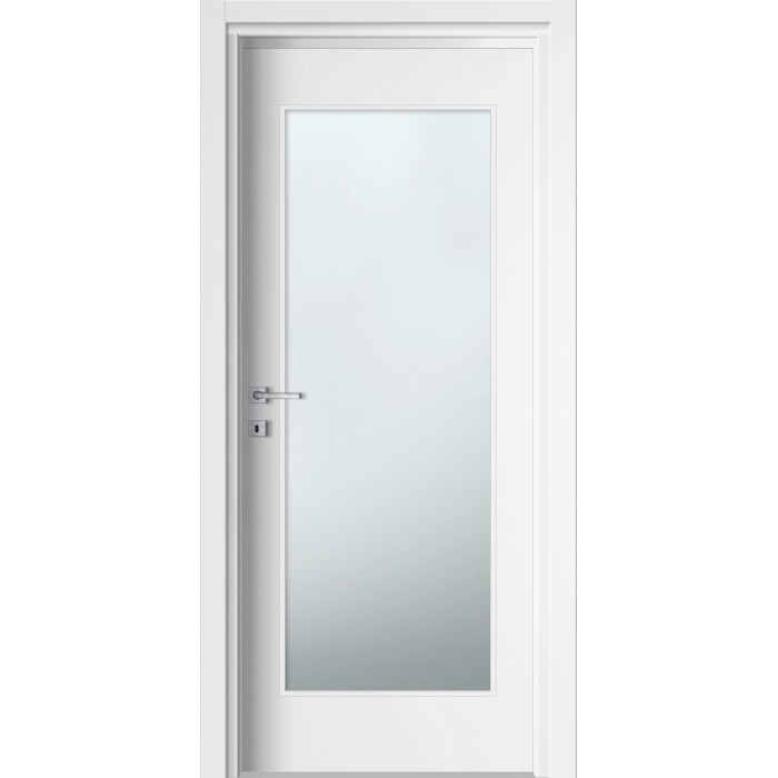 Porta interna bianca con ampio inserto in vetro e maniglia argentata.